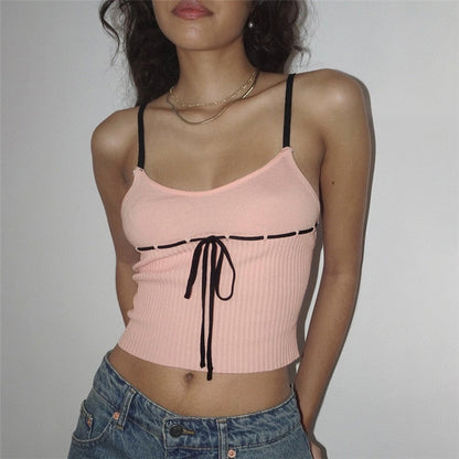 Pink Ribbed Lace Up Top
