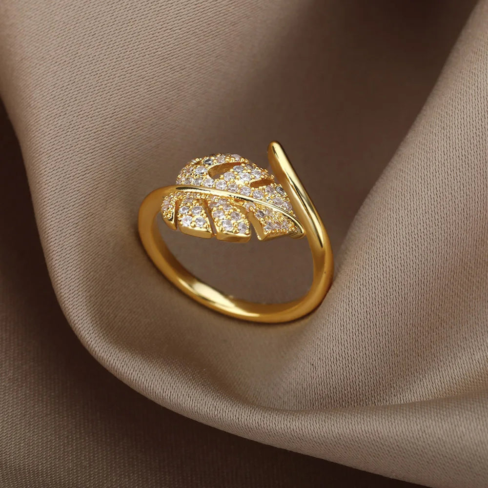 Gold Palm Leaf Adjustable Ring with Zircon Accents