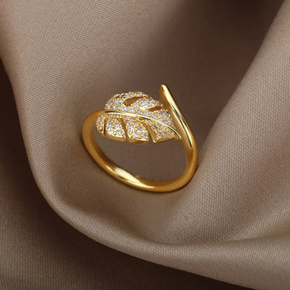 Gold Palm Leaf Adjustable Ring with Zircon Accents