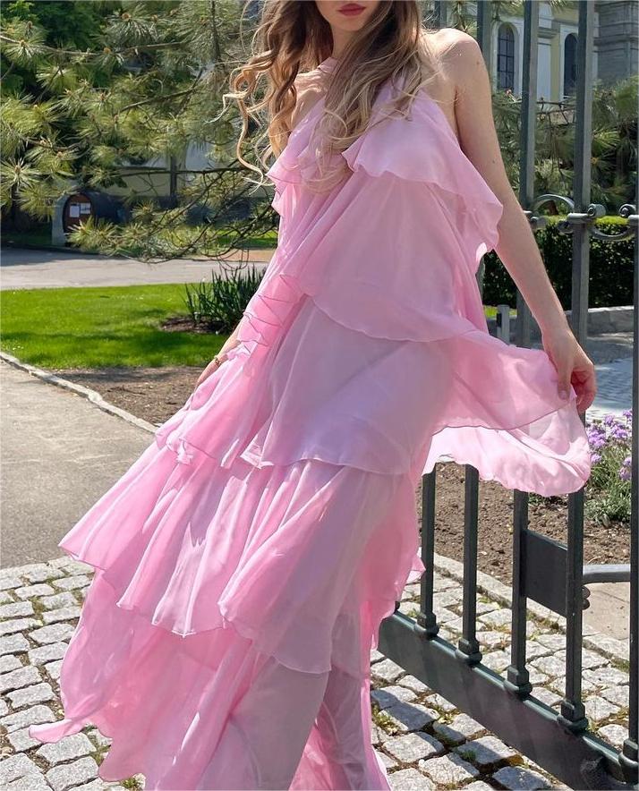 Pink Halter Ruffled Layered Maxi Dress