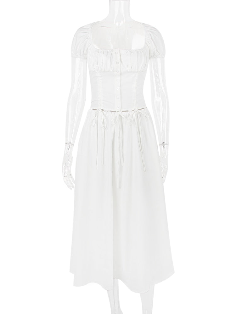 White Buttoned Drawstring Crop Top and Midi Skirt Two Piece Set