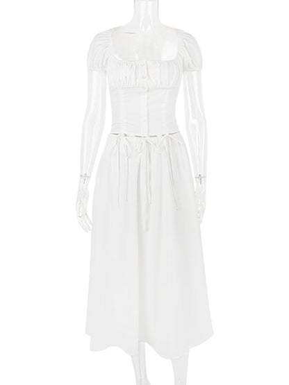 White Buttoned Drawstring Crop Top and Midi Skirt Two Piece Set