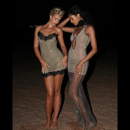 Strappy Mesh Lace Patchwork Mini Sequin Dress