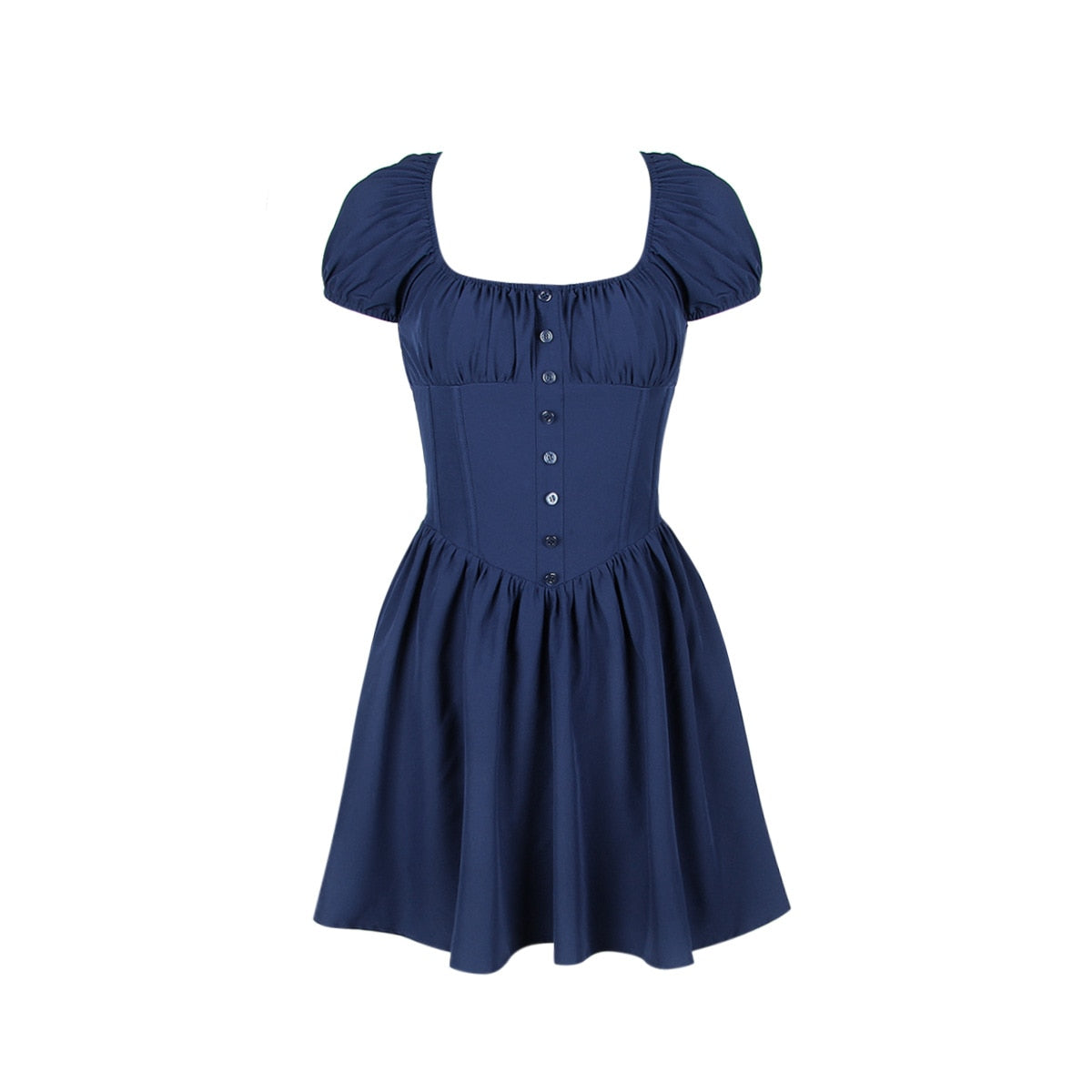Blue Short Sleeve Buttoned Frill Mini Dress