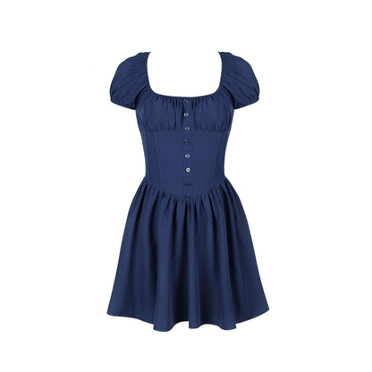 Blue Short Sleeve Buttoned Frill Mini Dress