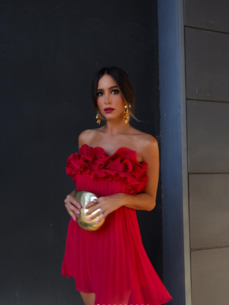 Red Ruffled Pleated Strapless Mini Dress