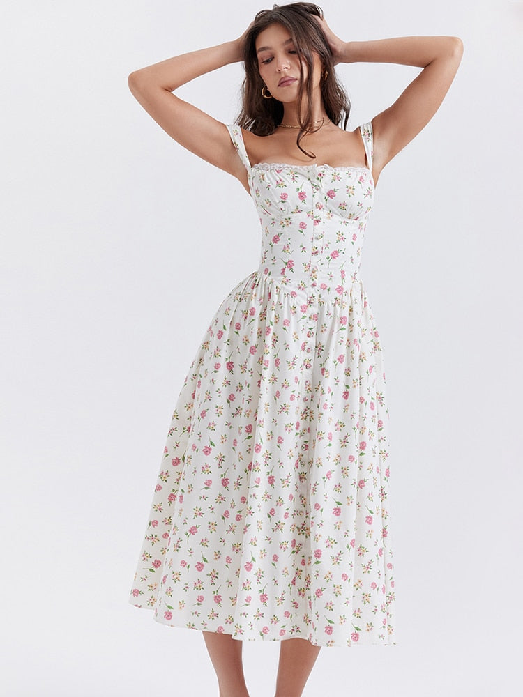 Strappy Corset Flowy Midi Dress With Pocket