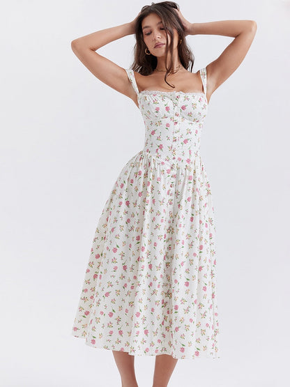 Strappy Corset Flowy Midi Dress With Pocket