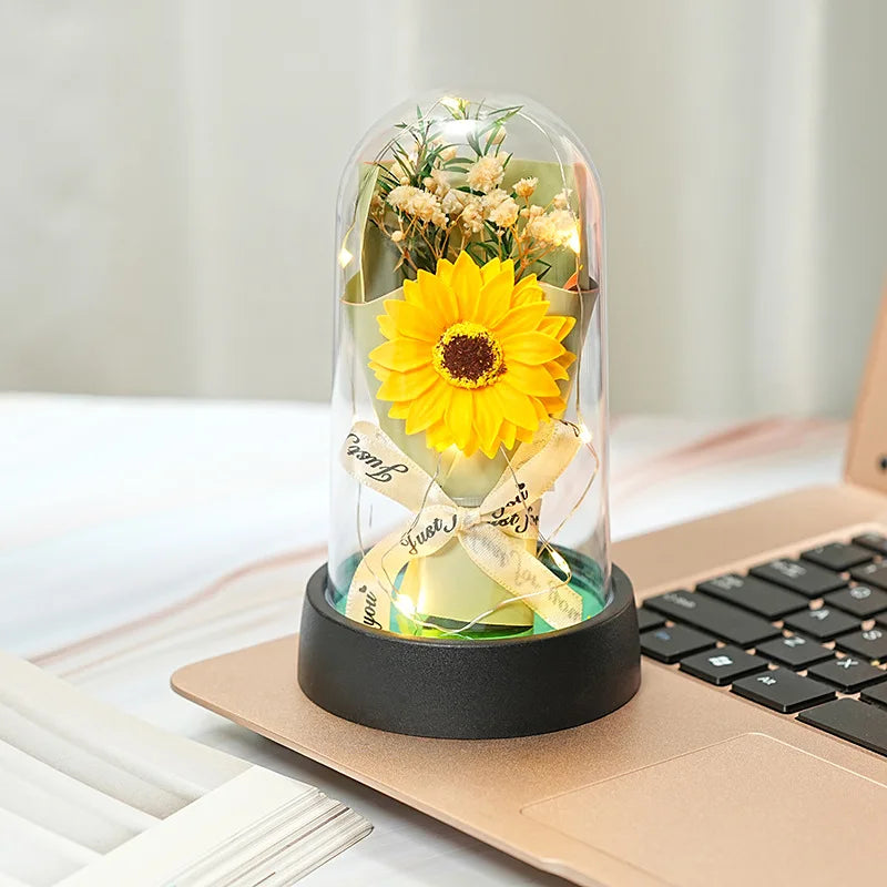 Everlasting Rose LED Glass Dome Bouquet Romantic Decorative Ornament for Valentine's Day and Home