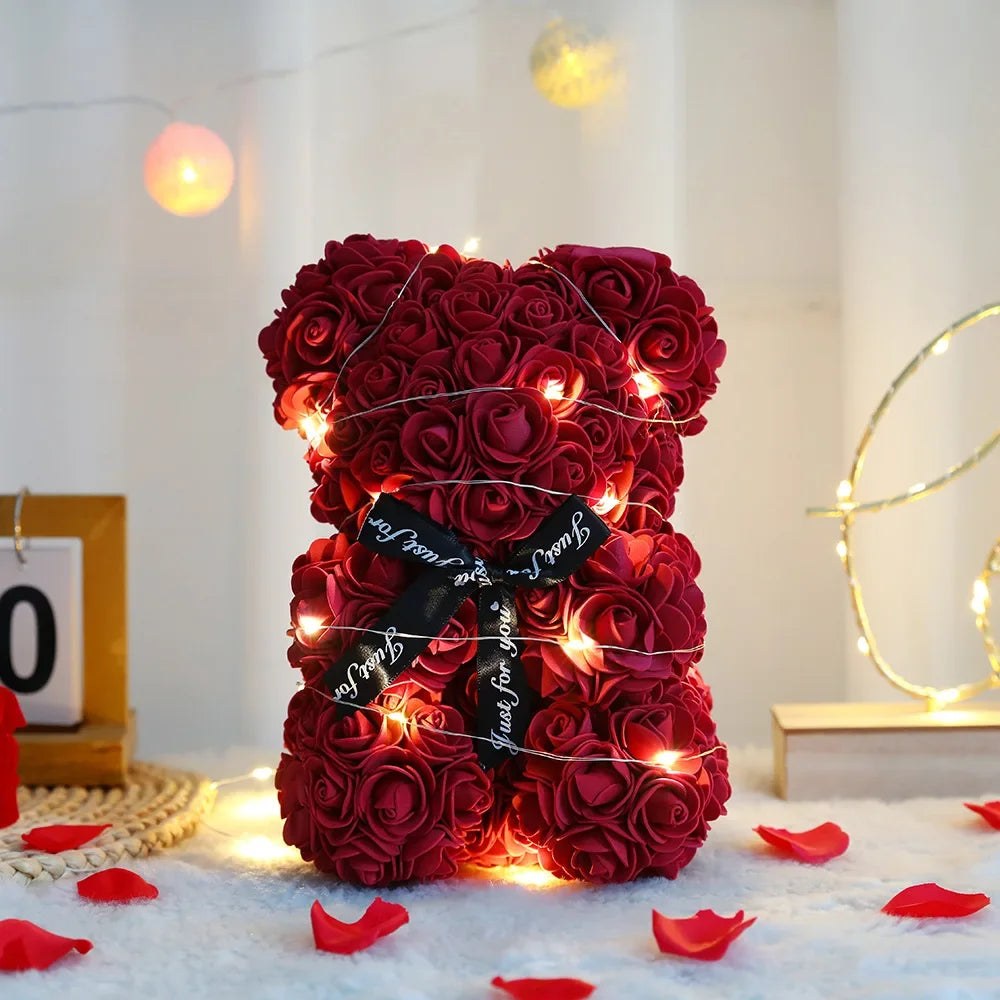 Eternal Rose Teddy Bear with Gift Box and Warm Light 25cm