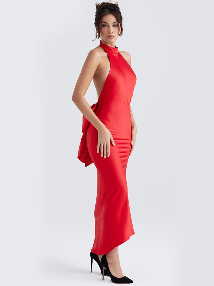 Red Satin Backless Bow Halter Maxi Dress