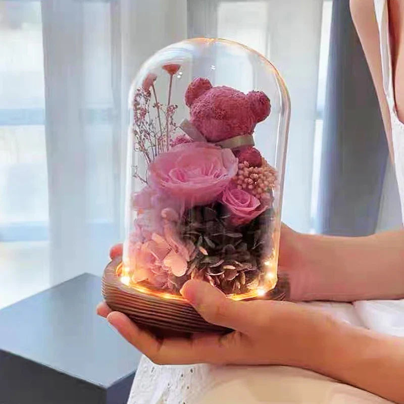 Eternal Preserved Rose Teddy Bear Gift Box with Lights