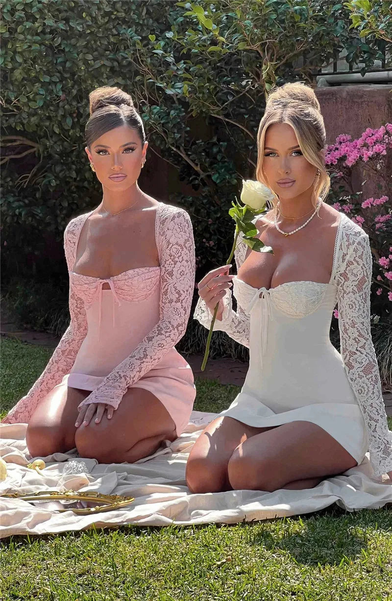 Lace Sheer Long Sleeve Mini Dresses