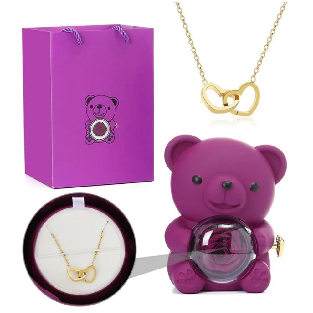 Teddy Bear Rose Jewelry Gift Box with Rotating Necklace Case