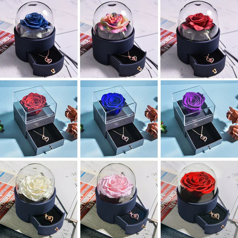 Eternal Rose Jewelry Box with Necklace Preserved Flower Gift for Women Birthday Anniversary