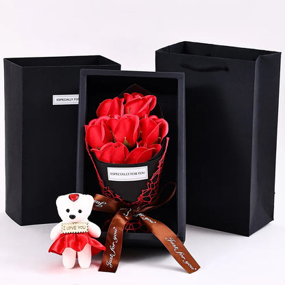 7-Head Rose Bouquet with Little Bear Gift Box Handmade Artificial Flowers for Valentine's Day and Special Occasions