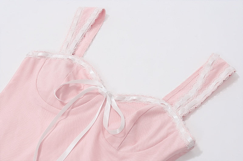 Pink Lace Bow Cami Top And Mini Skirt Set