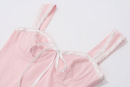 Pink Lace Bow Cami Top And Mini Skirt Set