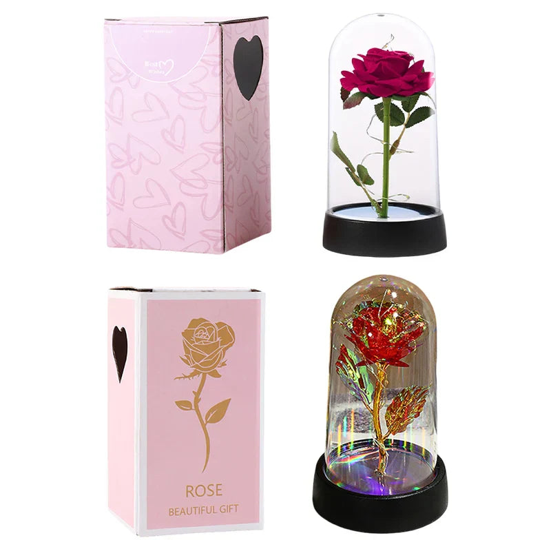 Eternal Rose in Glass Dome with LED Light - Romantic Gift for Valentine's Day, Christmas, or Birthday
