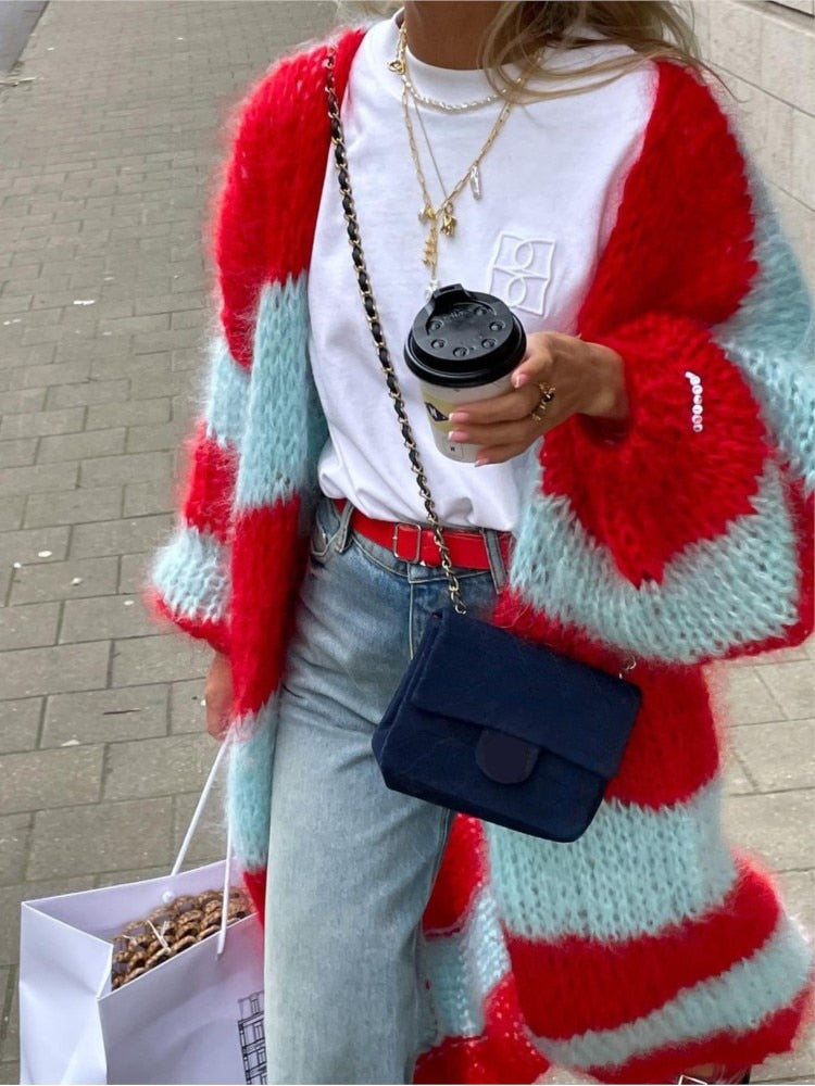 Stripe Long Fuzzy Cardigan
