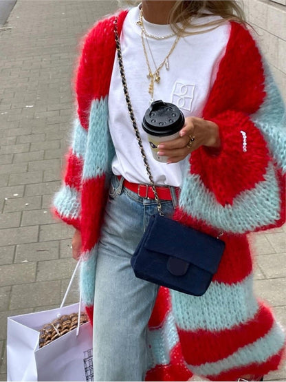 Stripe Long Fuzzy Cardigan