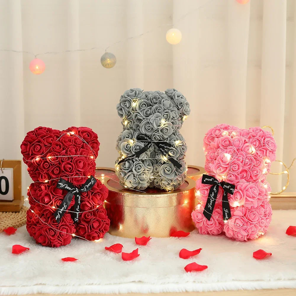 Eternal Rose Teddy Bear with Gift Box and Warm Light 25cm