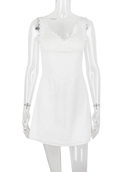 White Cupped Doily Strap V-neck Mini Dress