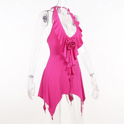 Ruffles Rose Halter Neck Mini Dress