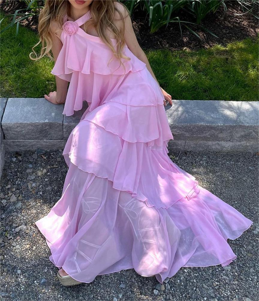 Pink Halter Ruffled Layered Maxi Dress