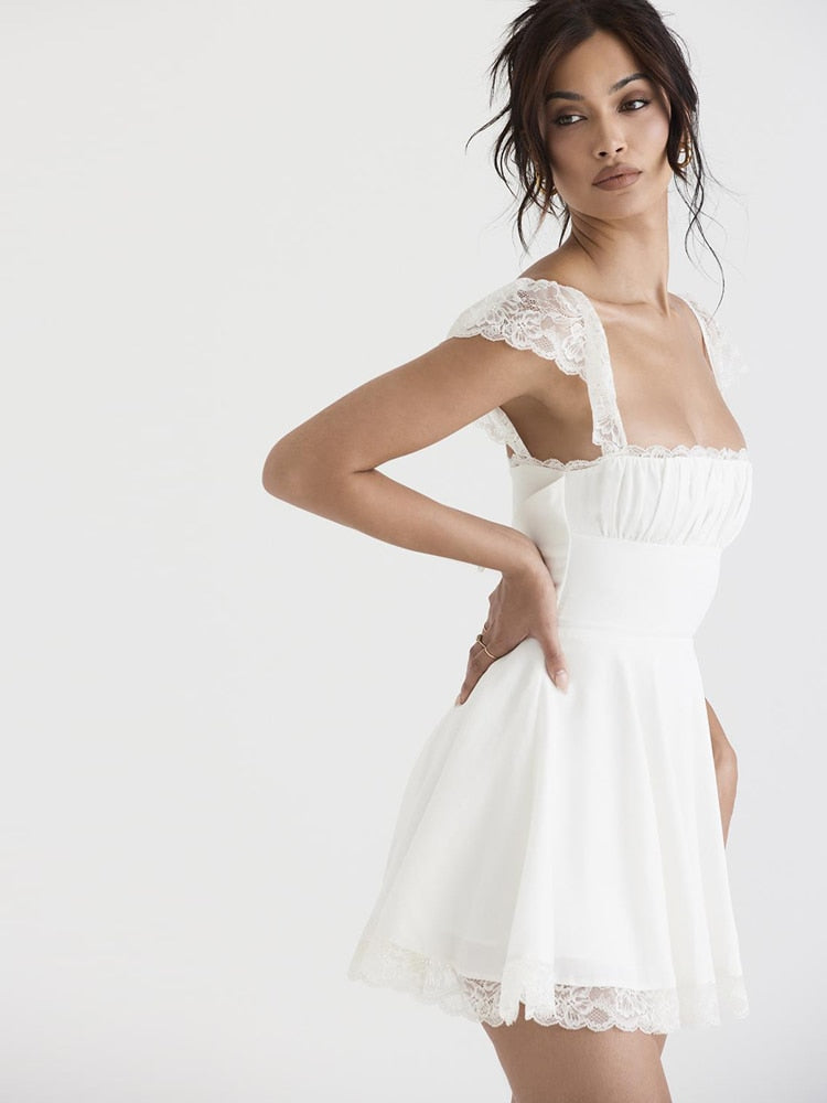 Lace Trim Square Neck Frill Mini Dress