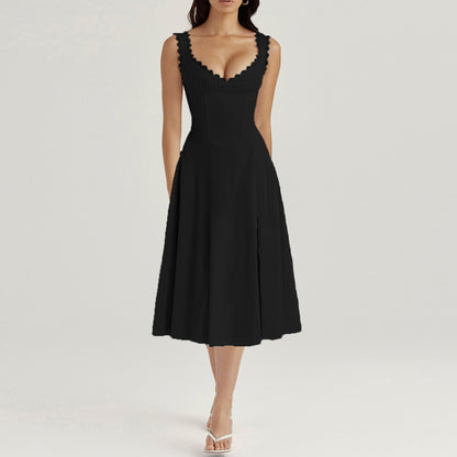 V-neck Doily Trim Frill Midi Dress