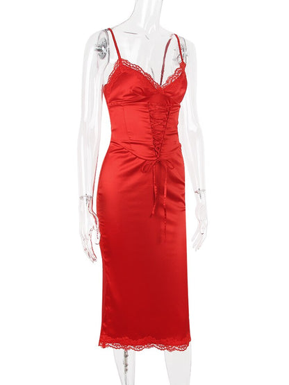 Satin Lace Trim Corset Midi Dress