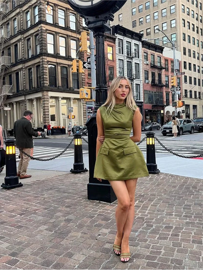 Satin High Neck Short Sleeve Mini Dress