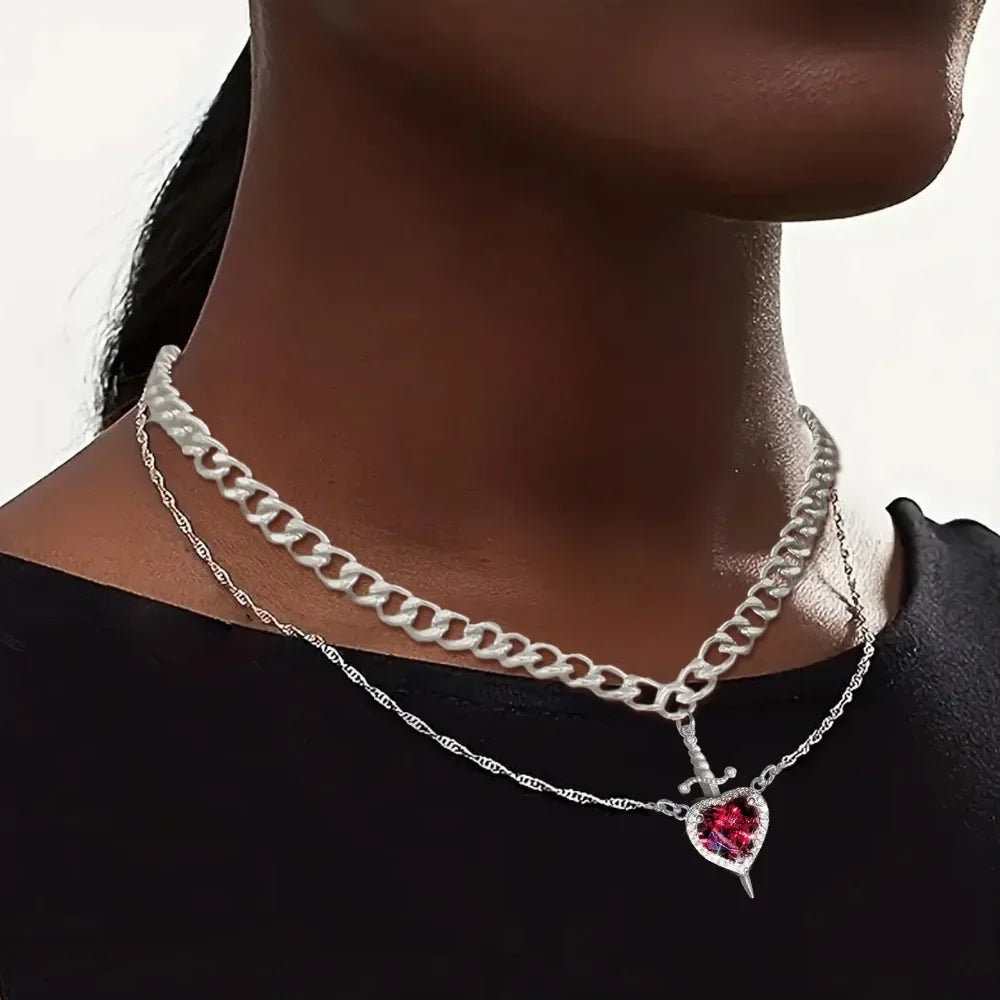 Heart and Sword Zircon Pendant Necklace Set