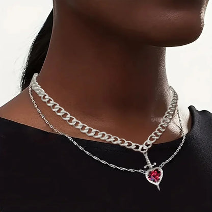 Heart and Sword Zircon Pendant Necklace Set