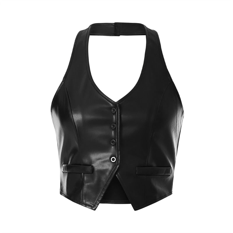 Faux Leather Halter Waistcoat
