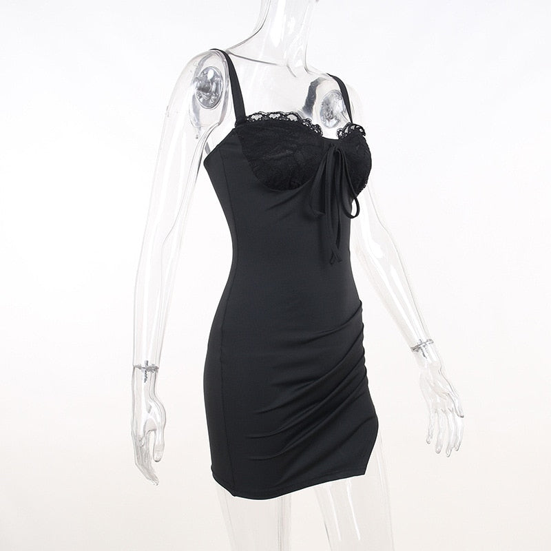 Black Lace Bustier Tie-Up Strap Mini Dress