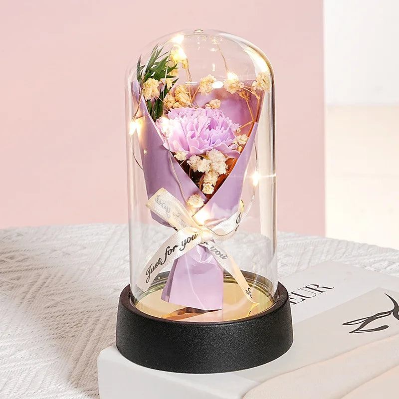 Everlasting Rose LED Glass Dome Bouquet Romantic Decorative Ornament for Valentine's Day and Home