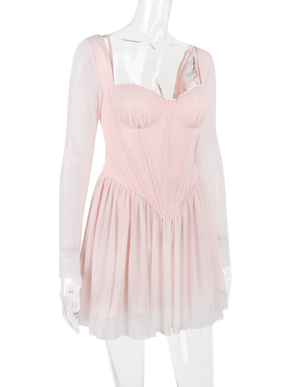 Pink Long Sleeve Bustier Frill Mini Dress