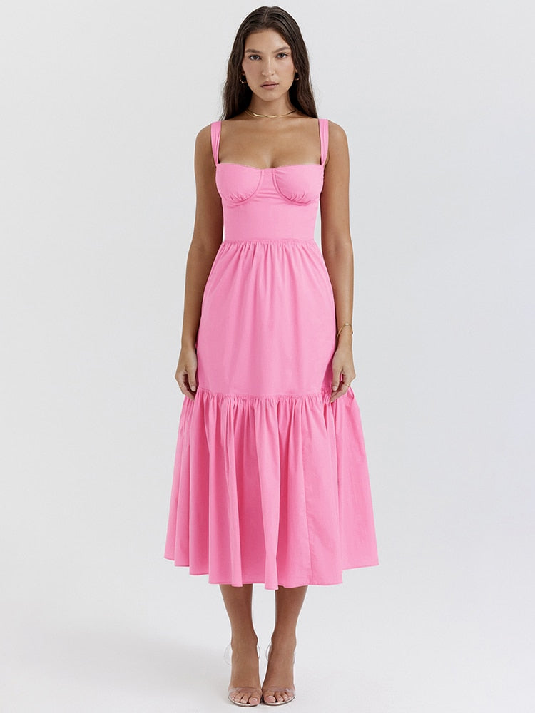 Pink Strap Midi Dress With Pocket