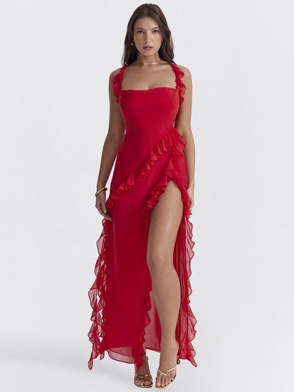Red Ruffle Split Maxi Dress