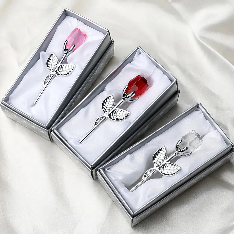 Crystal Glass Rose with Silver or Gold Rod - Romantic Gift