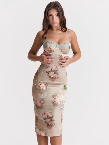 Green Satin Floral Print Bodycon Midi Dress