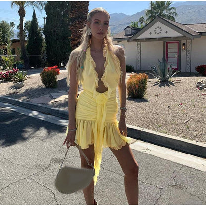 Frill Deep Neck Halter Mini Ruched Dress