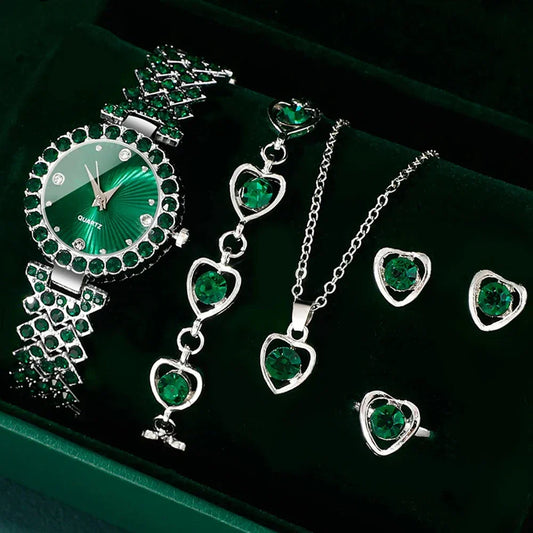Elegant Heart Rhinestone Watch and Jewelry Set