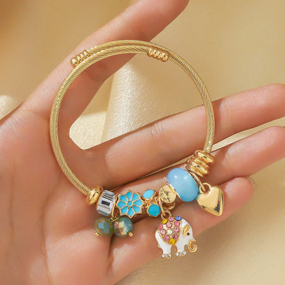 Silver Elephant and Heart Tree Charm Cuff Bracelet for Women