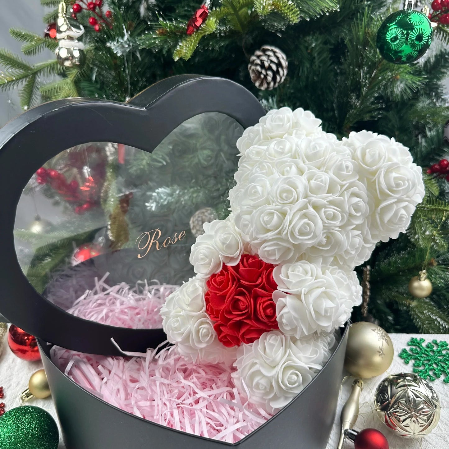 Artificial Rose Teddy Bear 25cm Romantic Floral Gift with Gift Box