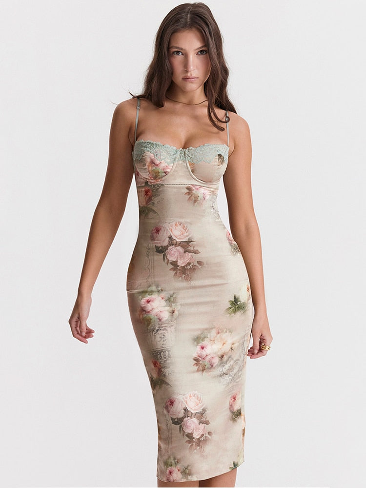 Green Satin Floral Print Bodycon Midi Dress
