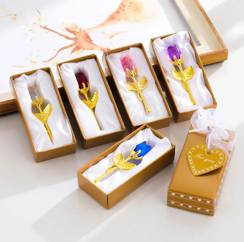 Crystal Glass Rose with Silver or Gold Rod - Romantic Gift