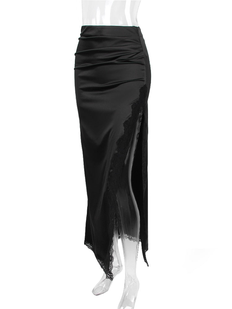 Black Lace Strap Top And Slit Lace Trim Midi Skirt Set